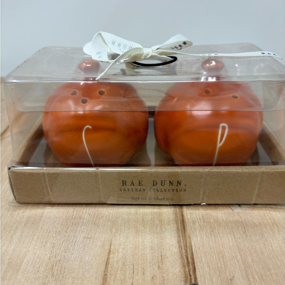 Rae Dunn Salt And Pepper Shakers Pumpkin Shaped Orange with White LL New